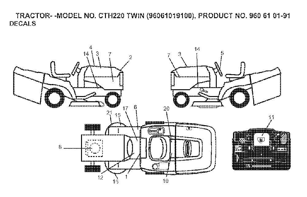 Decals Diagram and Parts List for CTH220TWIN (96061019100, 960610191)(2007-04) Husqvarna Lawn Tractor