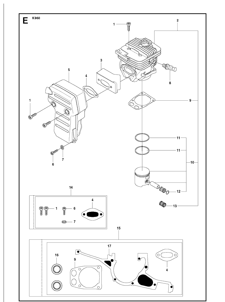 Cylinder, Piston And Muffler Diagram and Parts List for K960 2008-12 Husqvarna Lawn Tractor Accessories