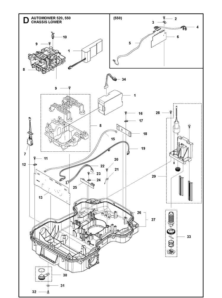 Chassis Lower Diagram and Parts List for 550 2019 Husqvarna Lawn Mower
