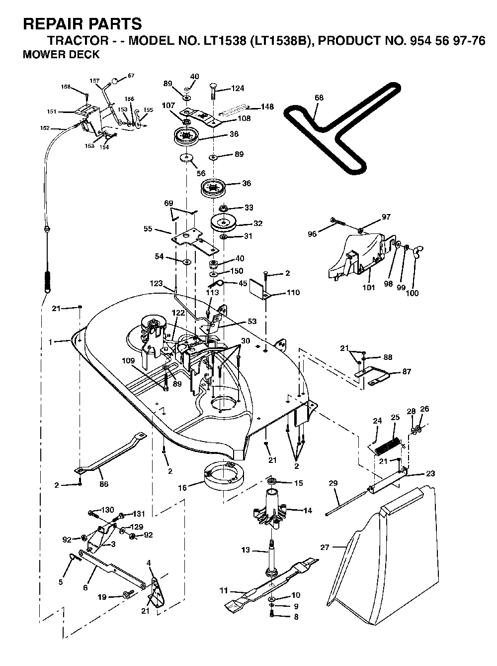 Mower Deck / Cutting Deck Diagram and Parts List for LT1538 (LT1538B, 954569776)(2002-11) Husqvarna Lawn Tractor