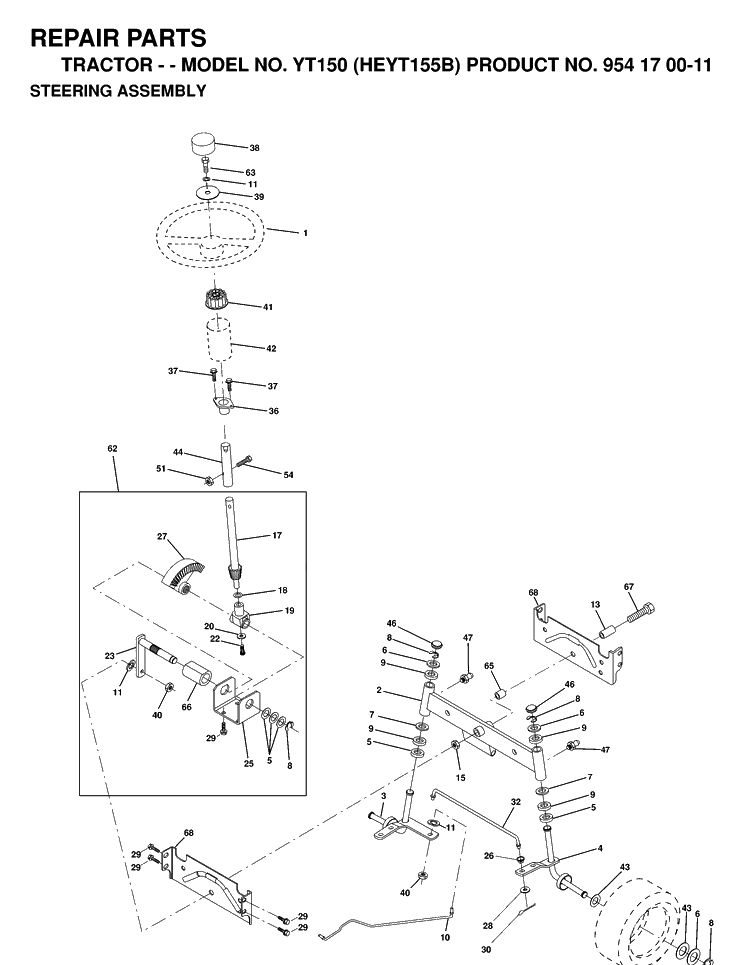 Steering Diagram and Parts List for YT150 (HEYT155B)(1998-12) Husqvarna Lawn Tractor