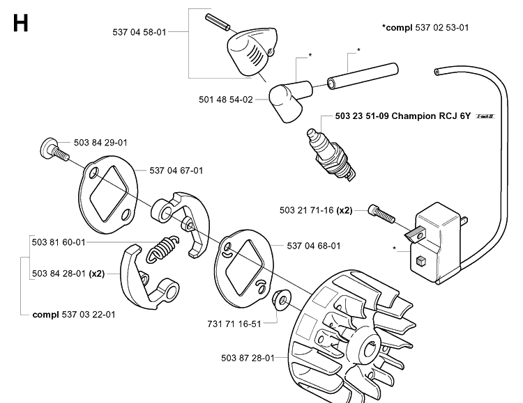 Ignition System And Clutch Diagram and Parts List for 326EX 20010900001-20020500000 Husqvarna Edger