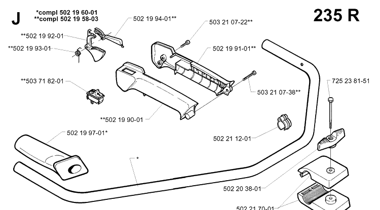Handle And Controls 2 Diagram and Parts List for 235R 19970500001-19980100000 Husqvarna Brush Cutter