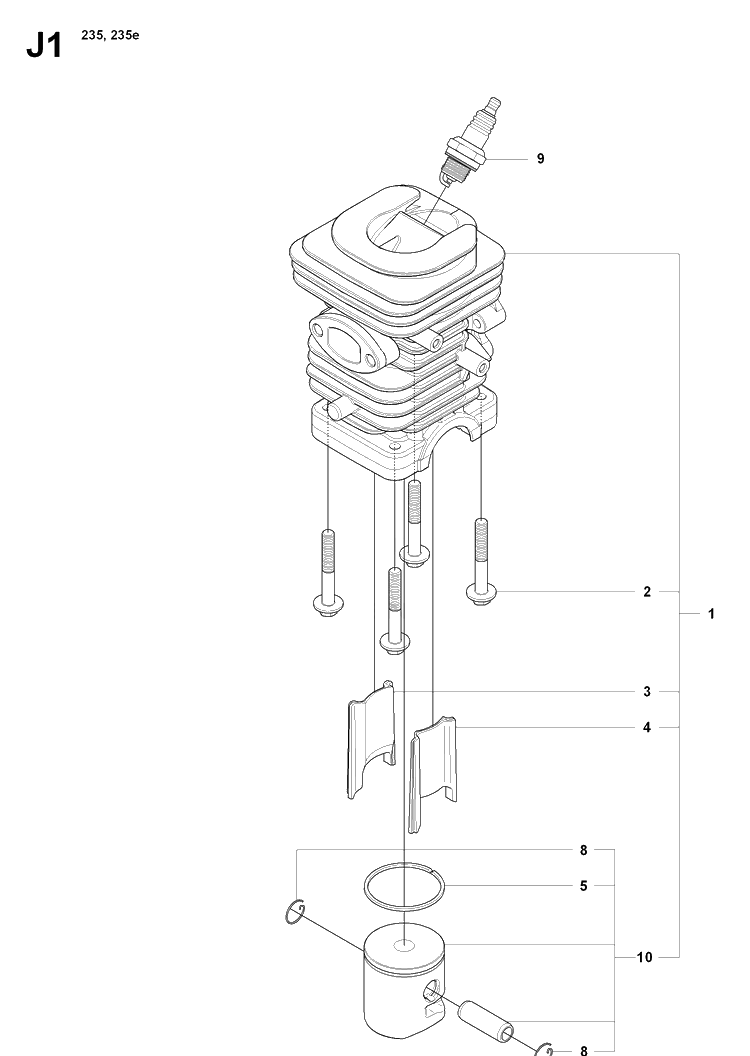 Cylinder Piston Diagram and Parts List for 235 20080100001-20091400000 Husqvarna Chainsaw