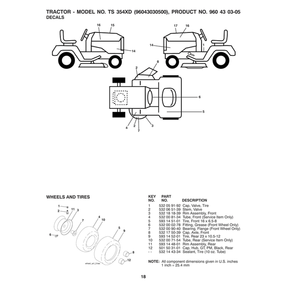 Decals Diagram and Parts List for 96043030500  Husqvarna Lawn Tractor