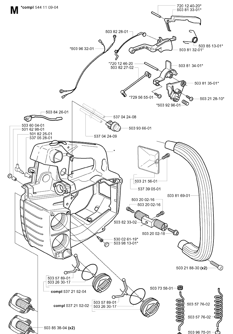 Fuel Tank And Handle Diagram and Parts List for 334T 20051000001-20060100000 Husqvarna Chainsaw