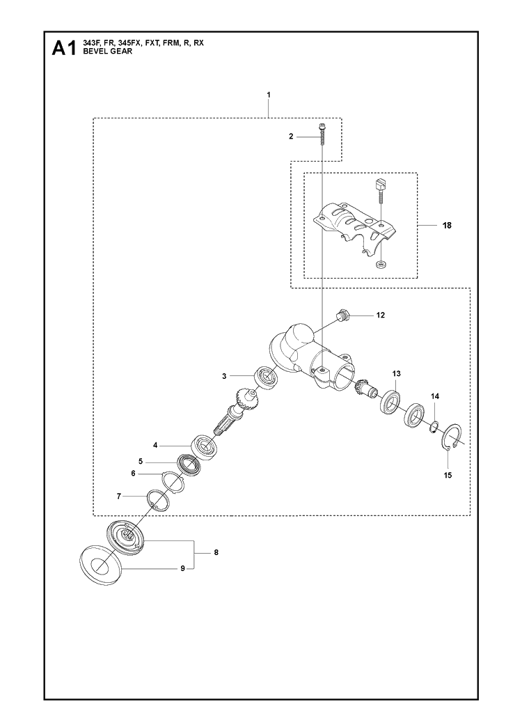 Bevel Gear Diagram and Parts List for 343FRM  Husqvarna Brush Cutter