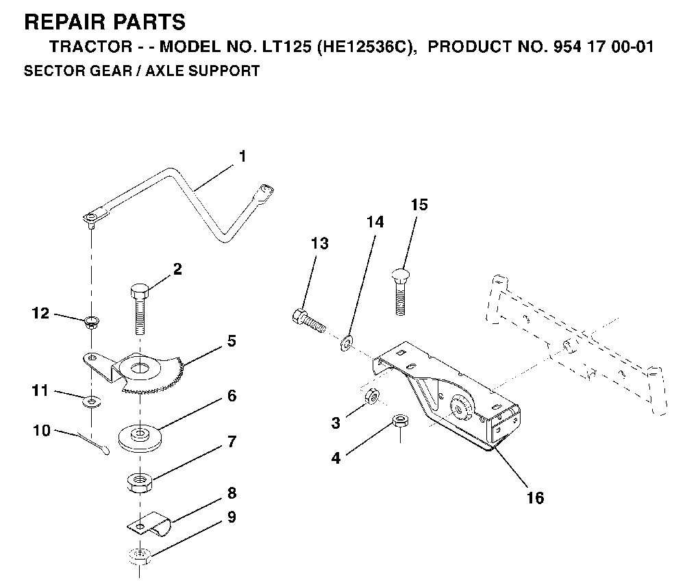 Sector Gear / Axle Support Diagram and Parts List for LT125 (HE12536C, 954170001)(1996-01) Husqvarna Lawn Tractor