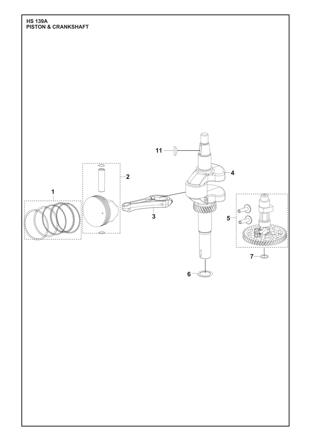 Piston And Crankshaft Diagram and Parts List for HS139A531450701 531450702, 599912201, 599912202 Husqvarna Engine