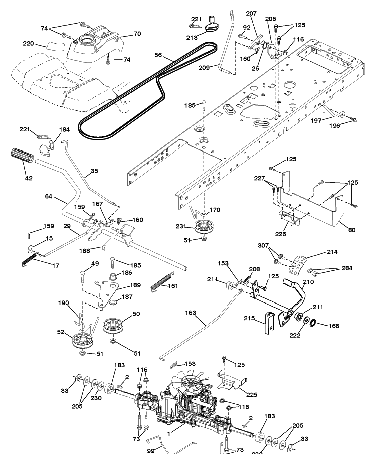 Drive Diagram and Parts List for YTH24V48LS (96043011601)(2011-01) Husqvarna Lawn Tractor
