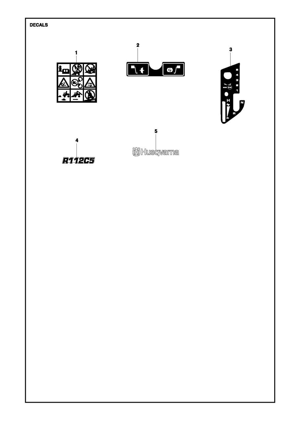 Decals Diagram and Parts List for R112C52014-2021  Husqvarna Lawn Tractor