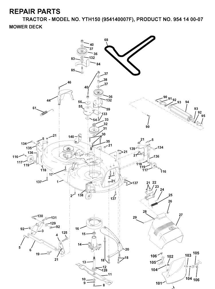 Mower Deck / Cutting Deck Diagram and Parts List for YTH150 (954140007F)(1998-07) Husqvarna Lawn Tractor