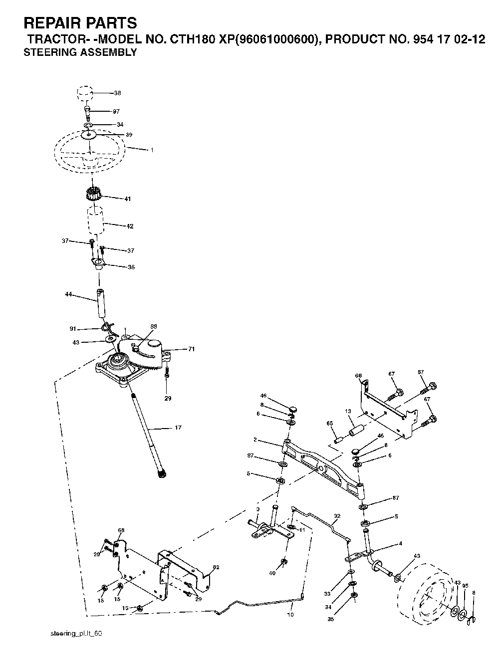Steering Diagram and Parts List for CTH180XP (96061000600,954170212)(2005-01) Husqvarna Lawn Tractor