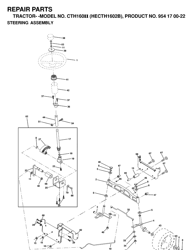 Steering Diagram and Parts List for CTH160II (HECTH1602B)(2000-02) Husqvarna Lawn Tractor