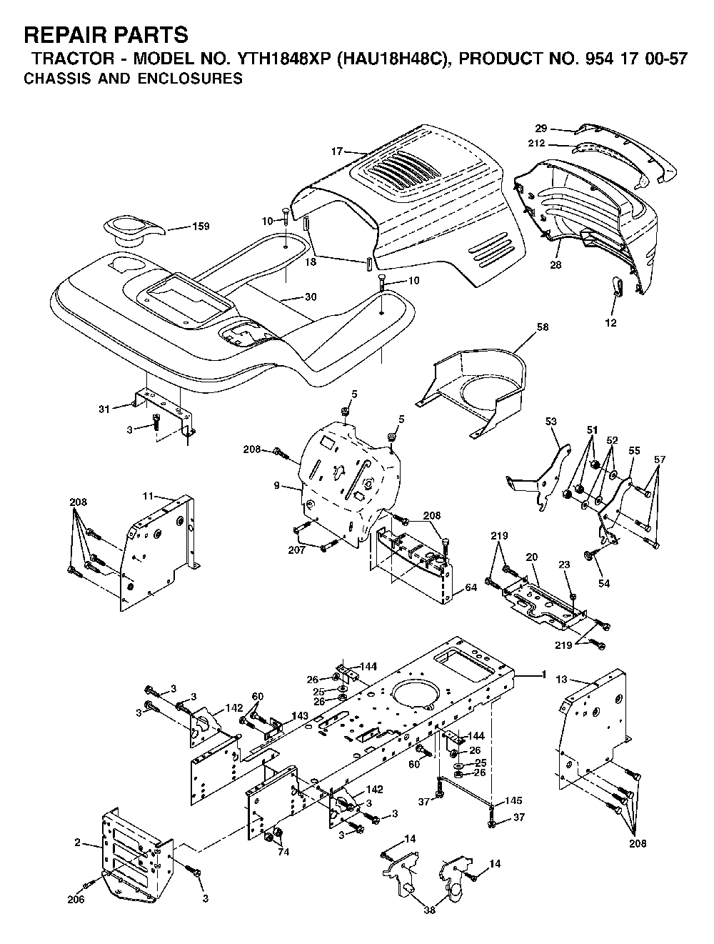 Chassis And Enclosures Diagram and Parts List for YTH1848XP (HAU18H48C, 954170057)(2003-01) Husqvarna Lawn Tractor