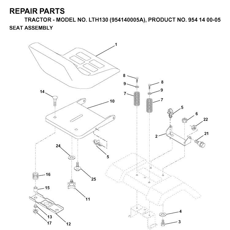 Seat Diagram and Parts List for LTH130 (954140005A)(1997-01) Husqvarna Lawn Tractor