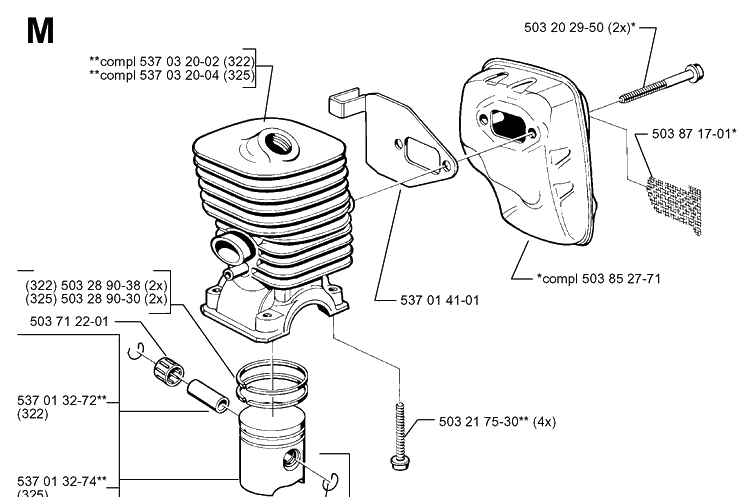 Cylinder Piston Diagram and Parts List for 325RX 19991000001-20001900000 Husqvarna Brush Cutter