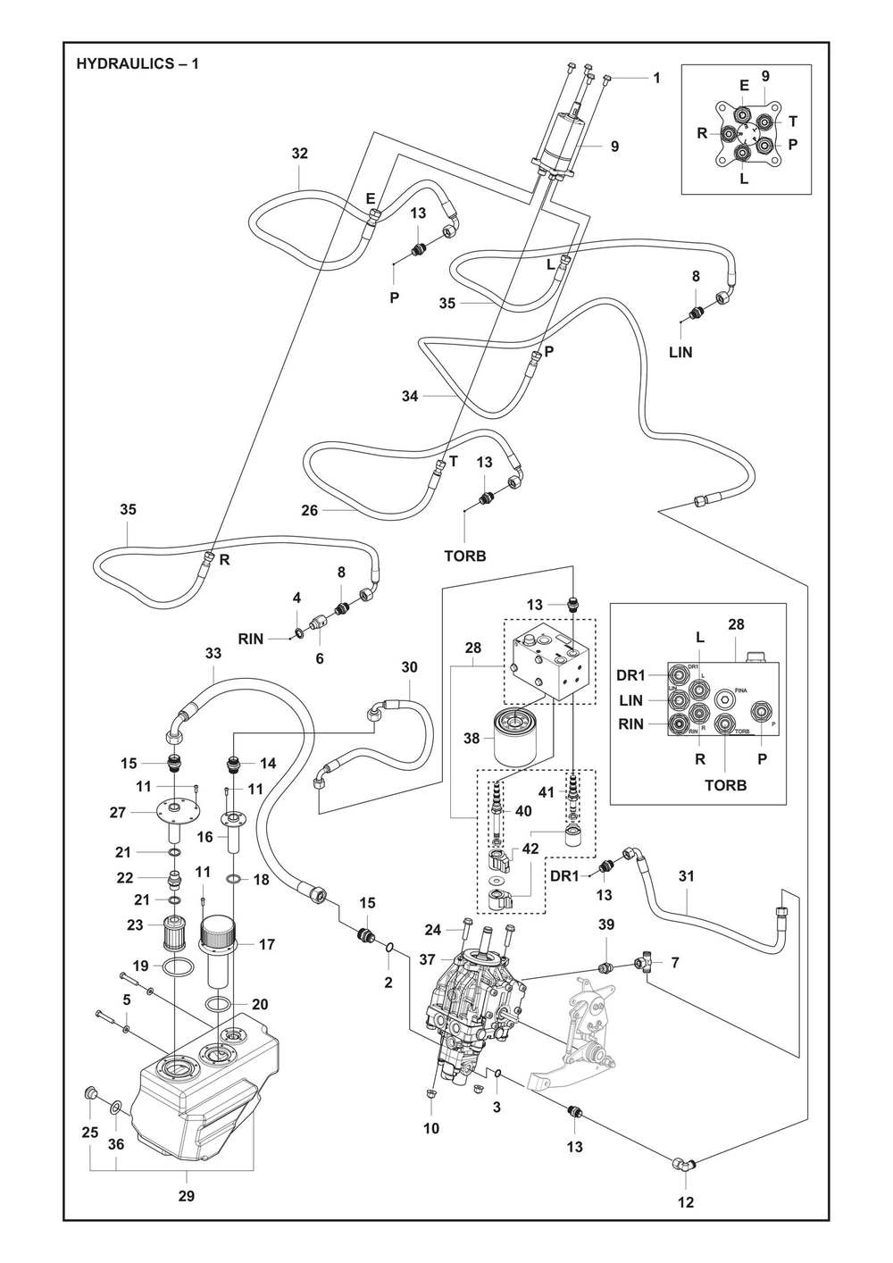 Hydraulics Diagram and Parts List for P524XREFI  Husqvarna Lawn Tractor