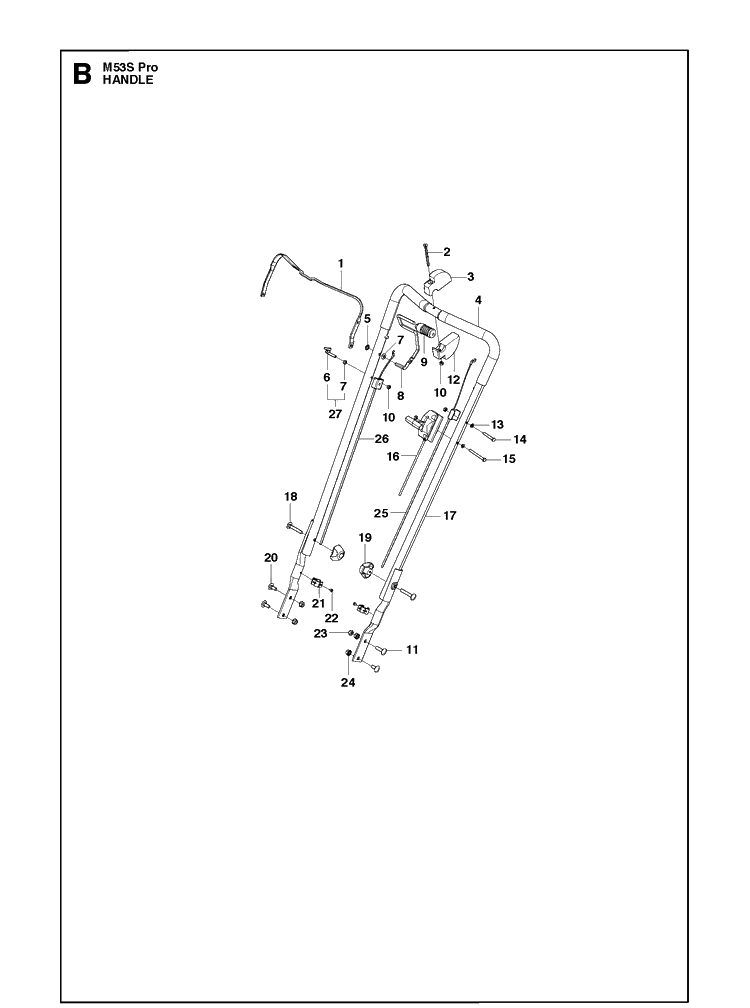 Handle Diagram and Parts List for M53S PRO Husqvarna Lawn Mower