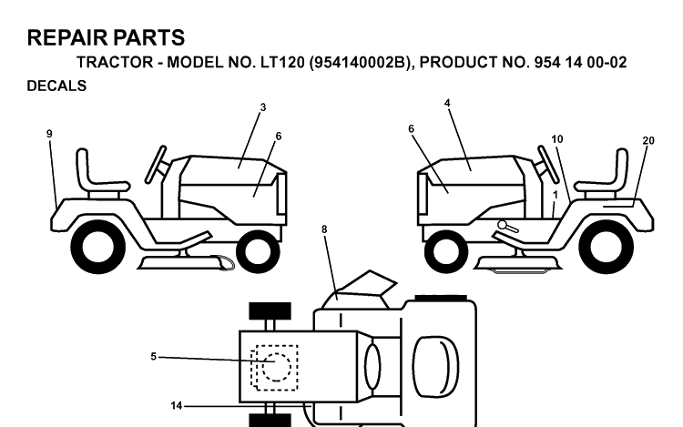 Decals Diagram and Parts List for LT120 (954140002B)(1997-01) Husqvarna Lawn Tractor