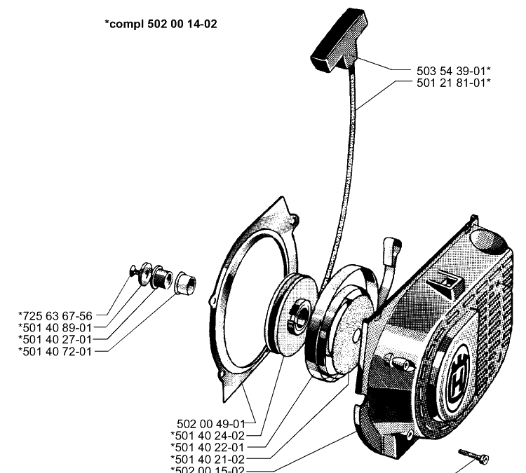 Starter Assembly Diagram and Parts List for 265RX 1999-03 Husqvarna Brush Cutter