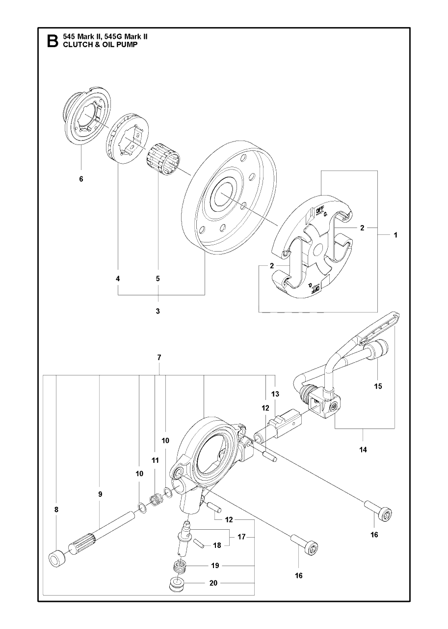 Clutch And Oil Pump Diagram and Parts List for 545-545G Mark II Husqvarna Chainsaw
