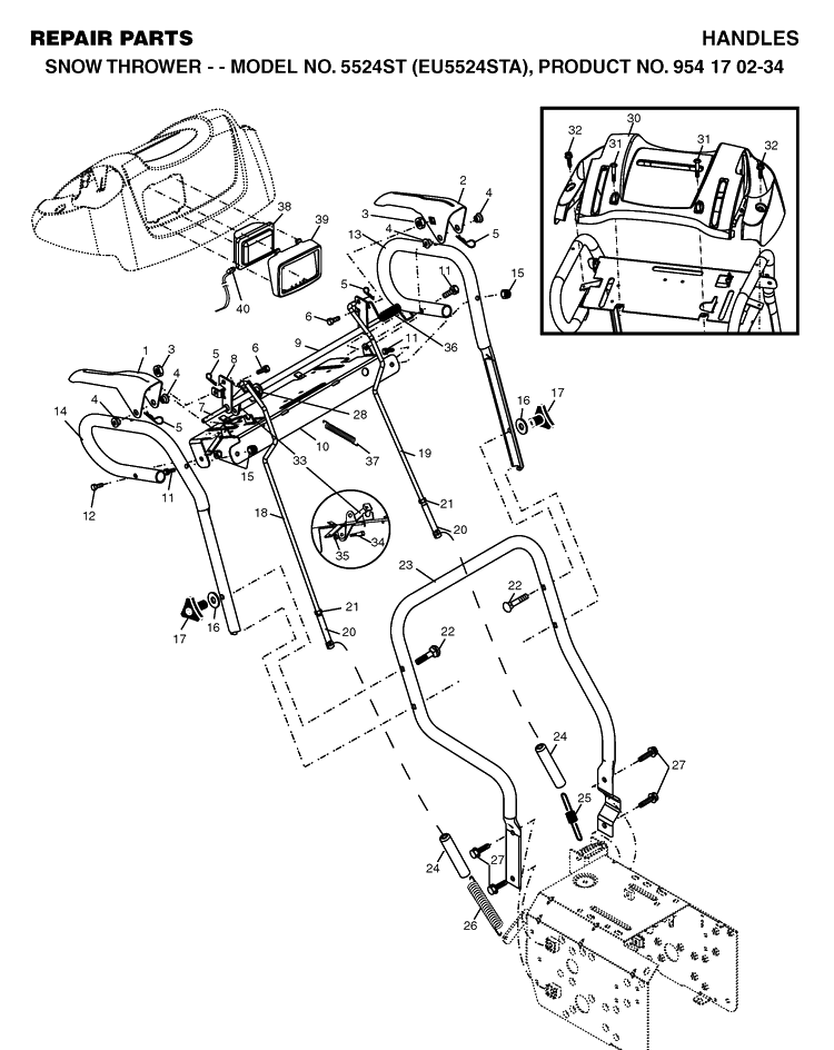 Handle Diagram and Parts List for 5524ST (EU5524STA)(2004-09) Husqvarna Snow Blower