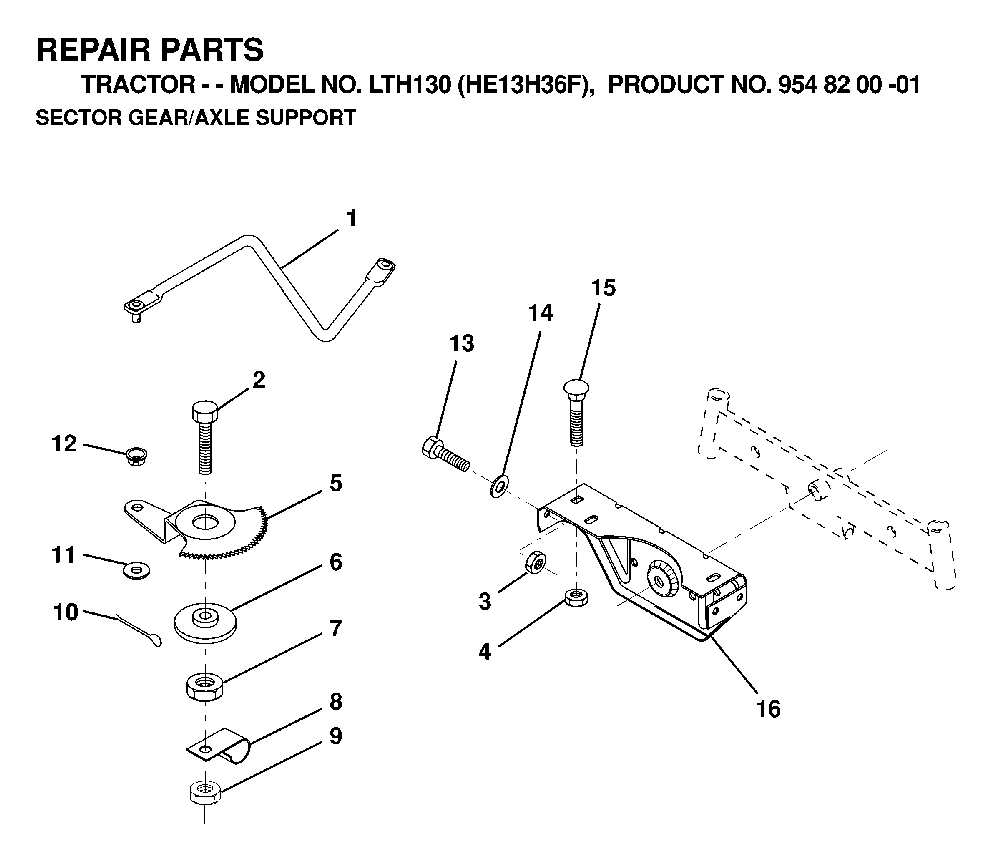 Sector Gear / Axle Support Diagram and Parts List for LTH130 (HE13H36F, 954820001)(1998-12) Husqvarna Lawn Tractor
