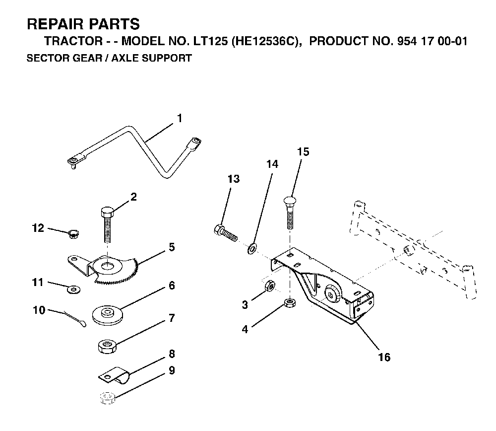 Sector Gear / Axle Support Diagram and Parts List for LT125 (HE12536C, 954170001)(1998-03) Husqvarna Lawn Tractor