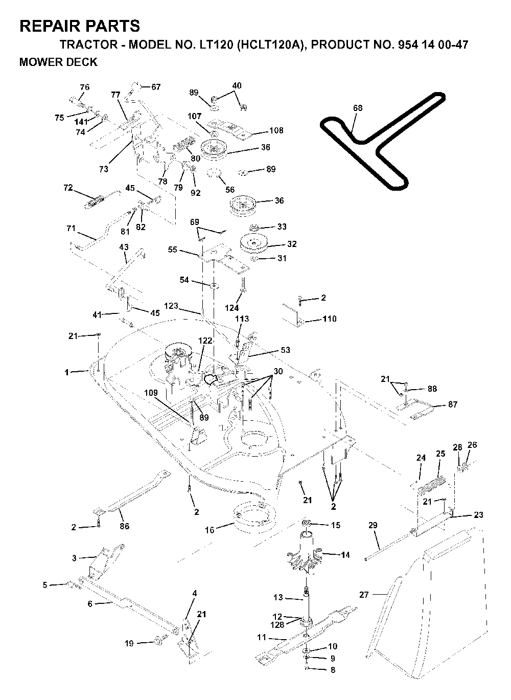 Mower Deck / Cutting Deck Diagram and Parts List for LT120 (HCLT120A, 954140047)(1998-01) Husqvarna Lawn Tractor