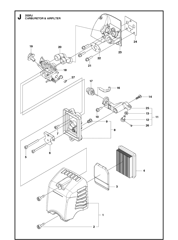 Carburetor And Air Filter Diagram and Parts List for 253RJ 20182200001-Current Husqvarna Brush Cutter