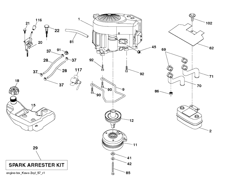 Engine Diagram and Parts List for YT42DXLS (96043026200)(2017-11) Husqvarna Lawn Tractor