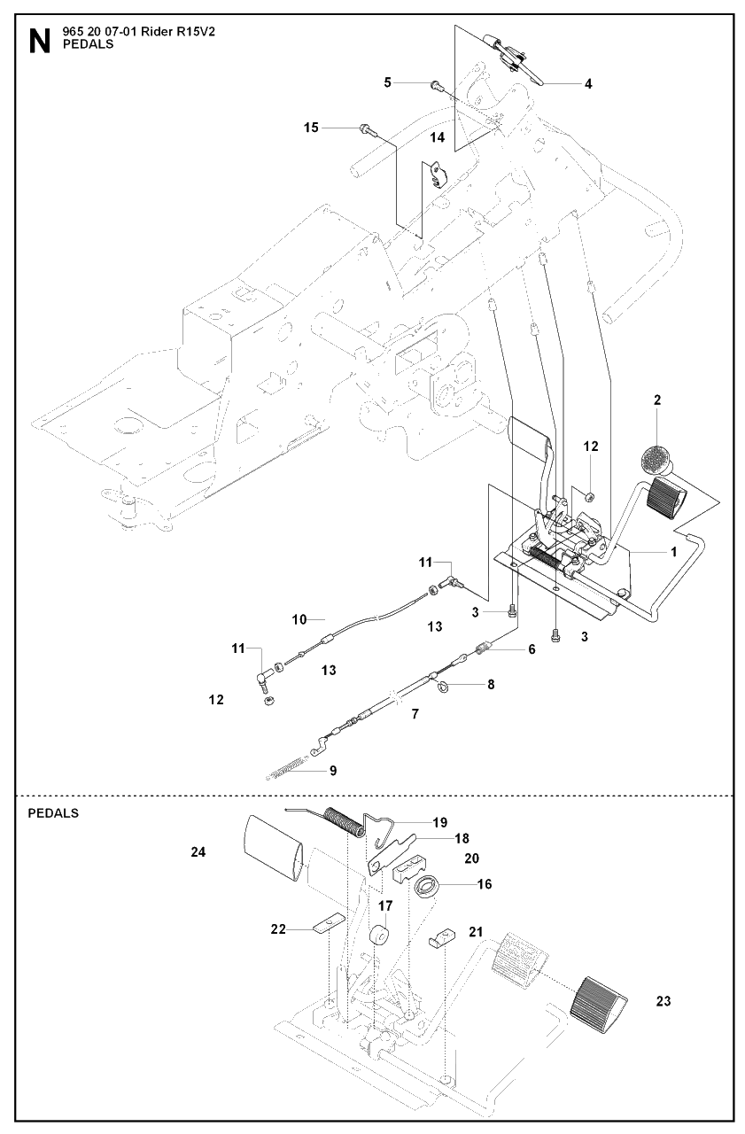 Pedals Diagram and Parts List for R15-V2 (965200701)(2008-01) Husqvarna Lawn Tractor