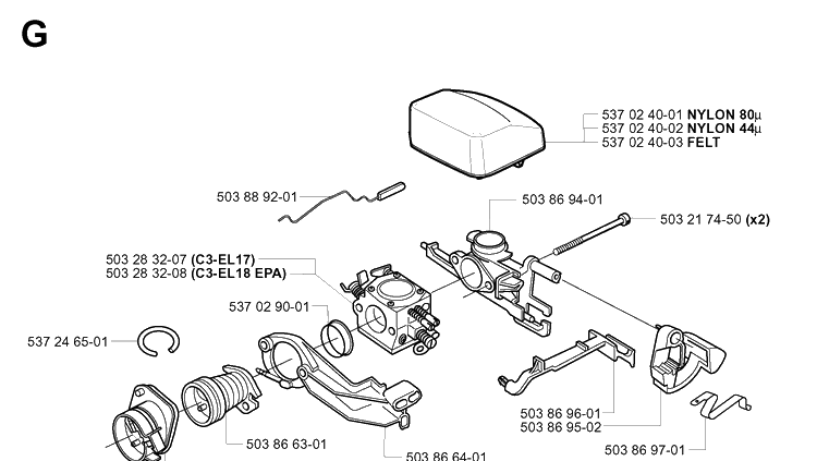 Carburetor And Air Filter Diagram and Parts List for 346XP 20032200001-20041000000 Husqvarna Chainsaw