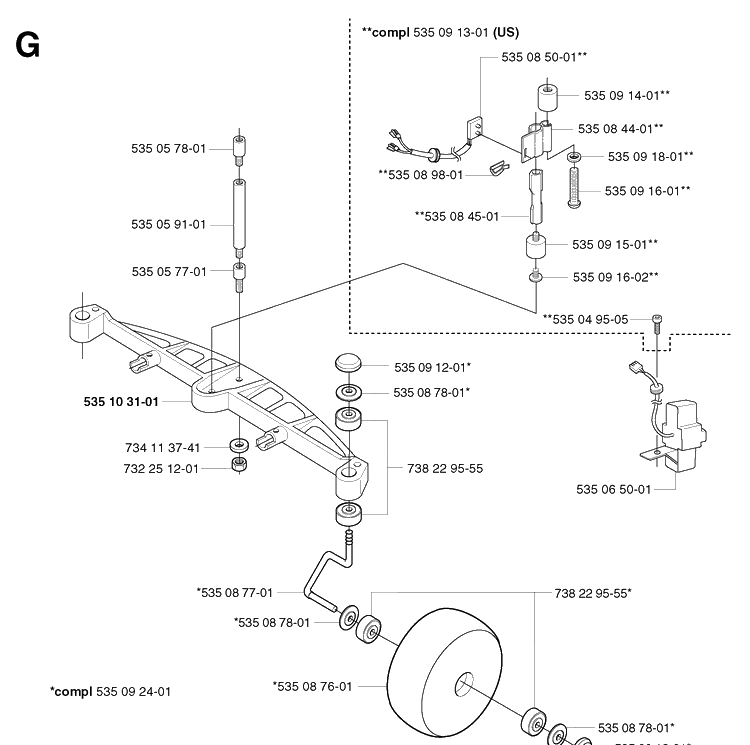Front Axle 7 Diagram and Parts List for G1 1998-2003 Husqvarna Lawn Mower