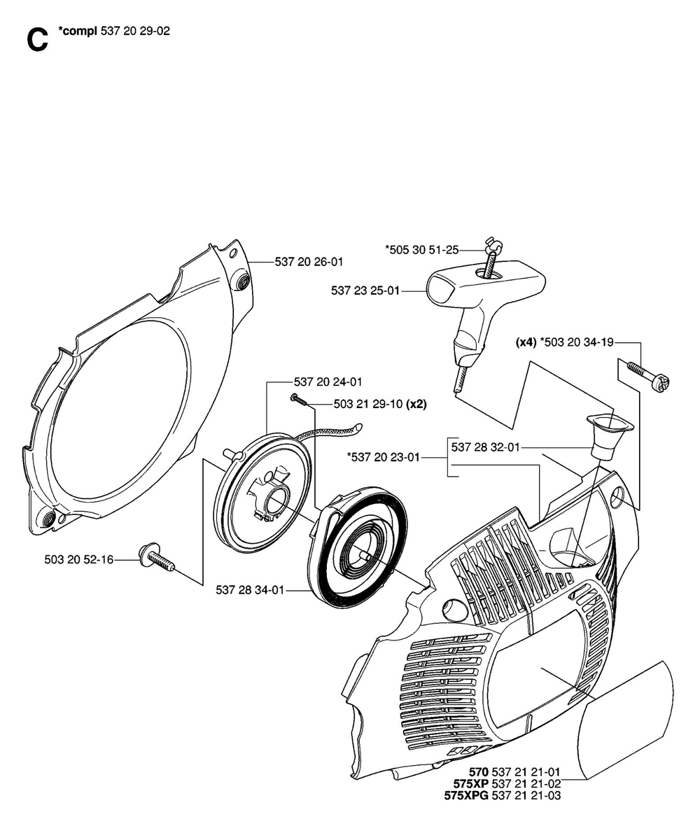 Starter Diagram and Parts List for 575XP-575XPG 575 XP W - 575 XPGW Husqvarna Chainsaw