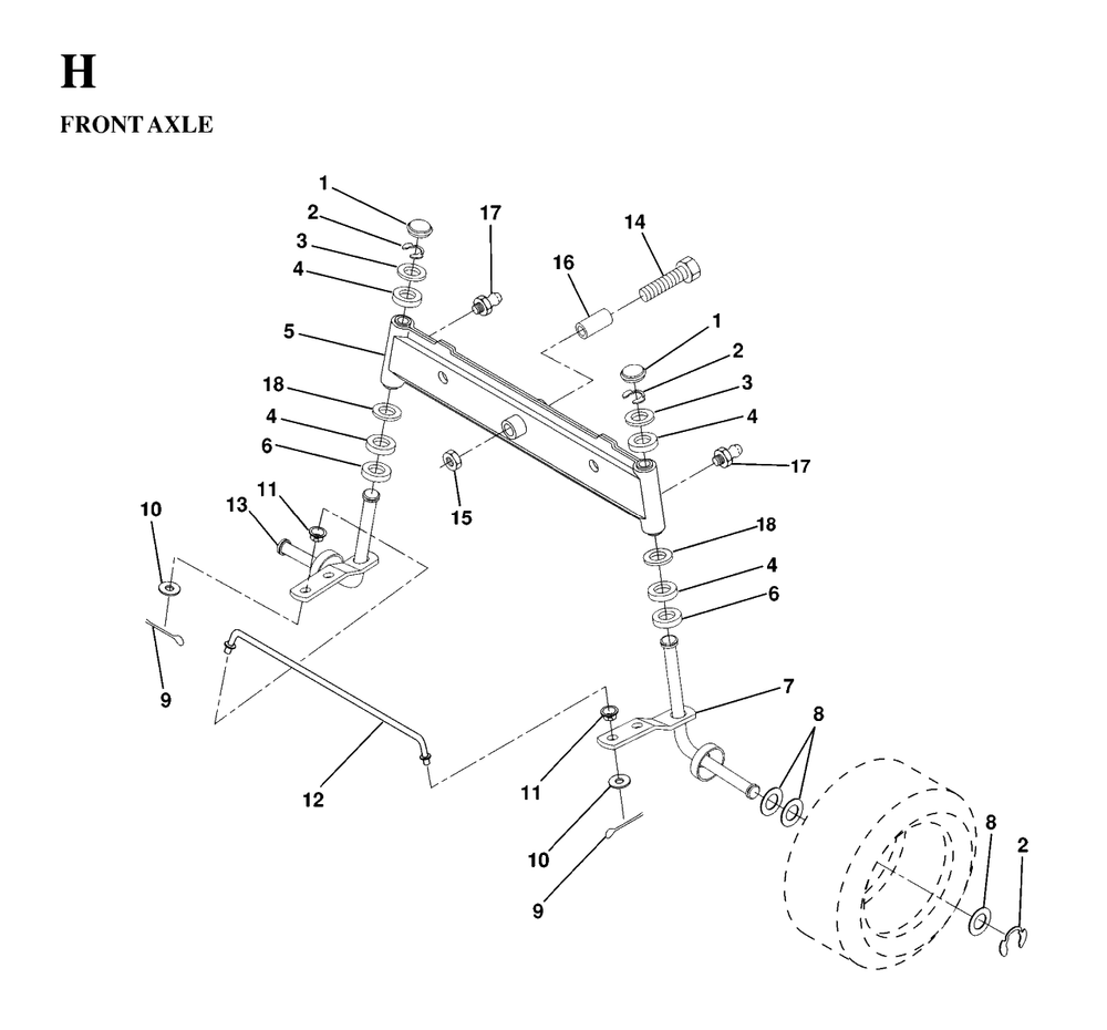 Front Axle Diagram and Parts List for LT125 (954170002-A)(1997-03) Husqvarna Lawn Tractor