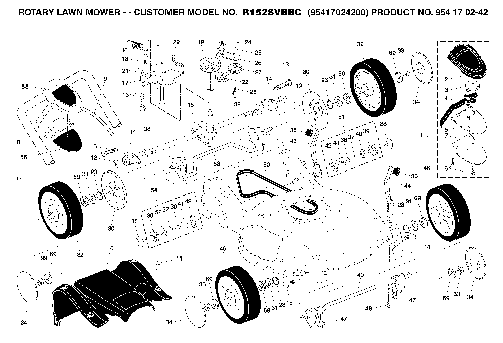 Wheels And Tires Diagram and Parts List for R152SVBBC (95417024200, 954170242)(2005-02) Husqvarna Lawn Mower