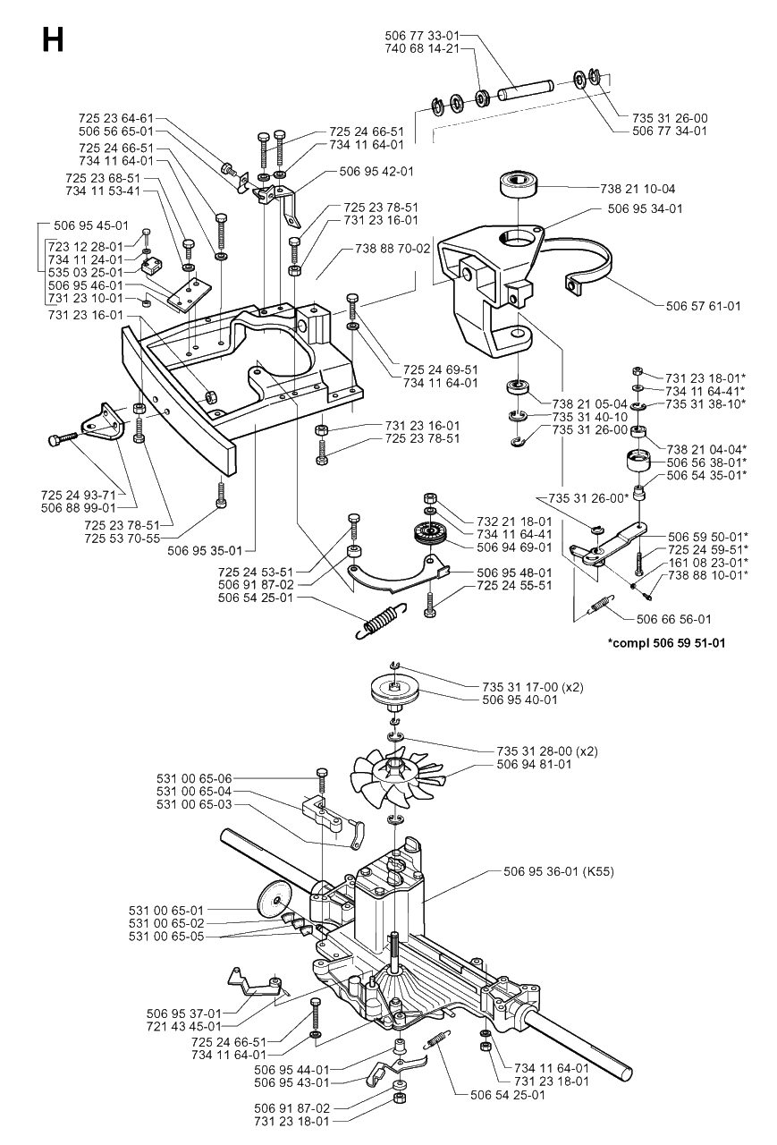 Transmission Diagram and Parts List for R13 1998-09 Husqvarna Lawn Tractor