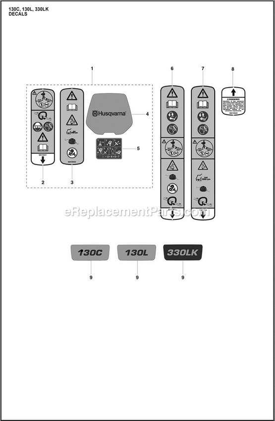 Decals Diagram and Parts List for 330LK  Husqvarna Trimmer