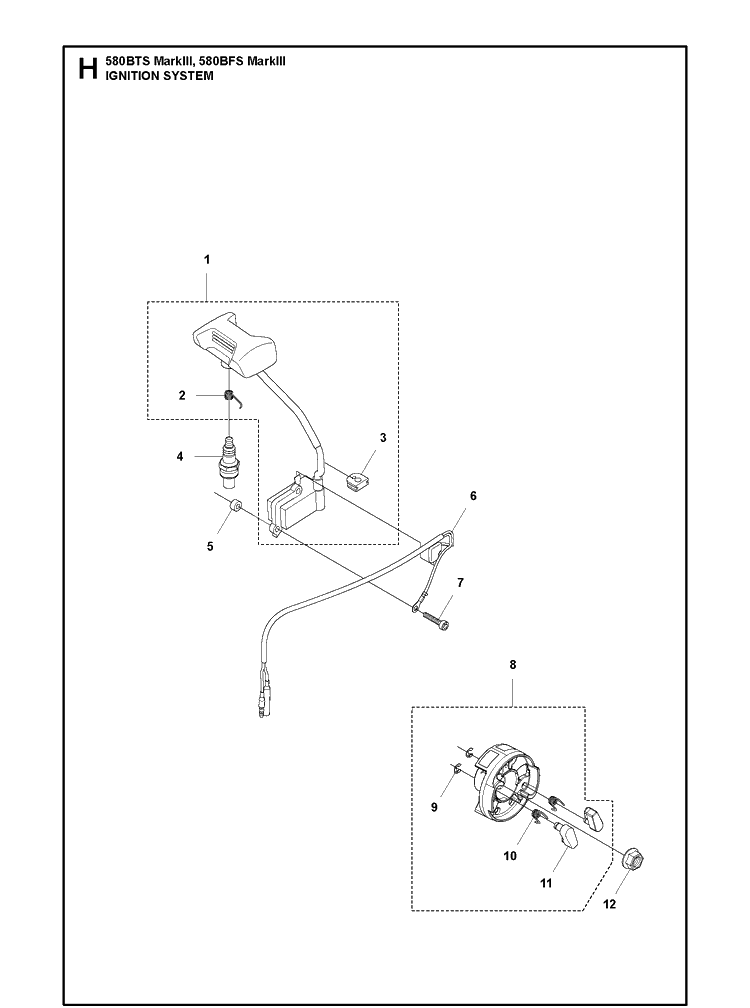 Ignition System Diagram and Parts List for 580BFS 580BTS Mark III Husqvarna Leaf Blower / Vacuum