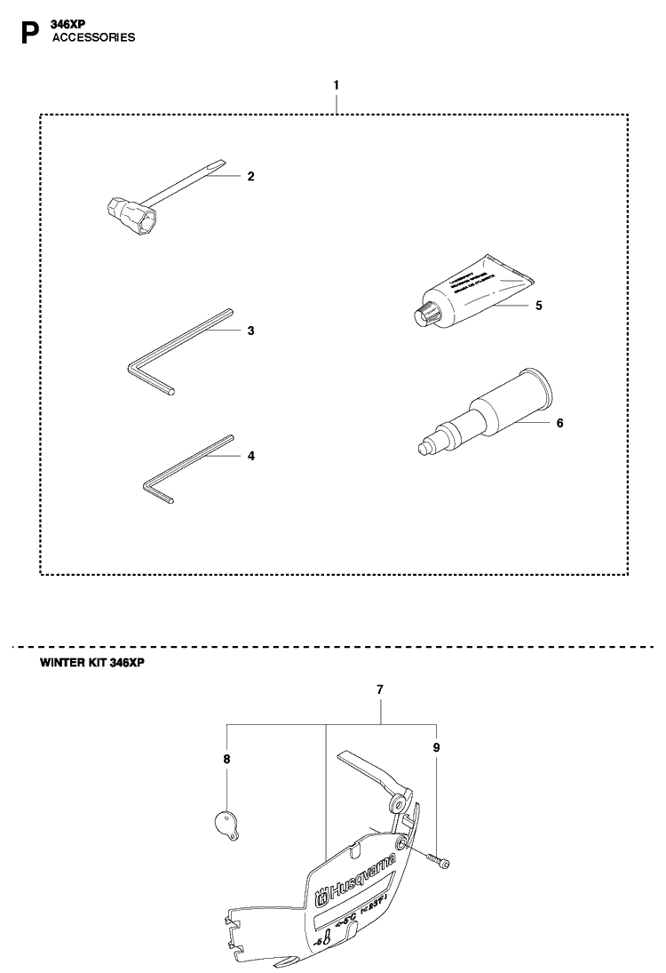 Accessories Diagram and Parts List for 346XP 2011-01 Husqvarna Chainsaw
