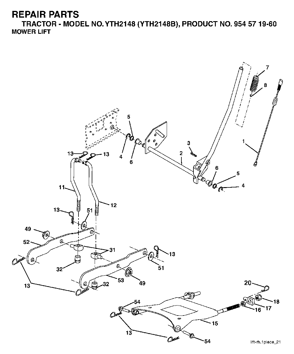Mower Lift / Deck Lift Diagram and Parts List for YTH2148B (954571960)(2004-03) Husqvarna Lawn Tractor
