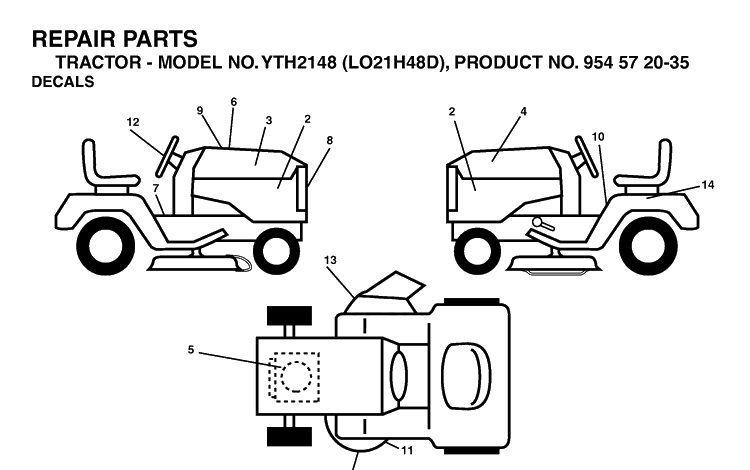 Decals Diagram and Parts List for YTH2148-LO21H48D 2004-03 Husqvarna Lawn Tractor