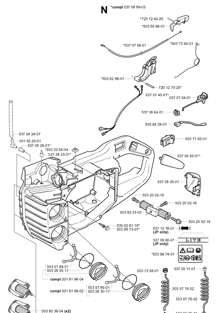 Fuel Tank And Handle Diagram and Parts List for 339XP 20034000001-20040100000 Husqvarna Chainsaw