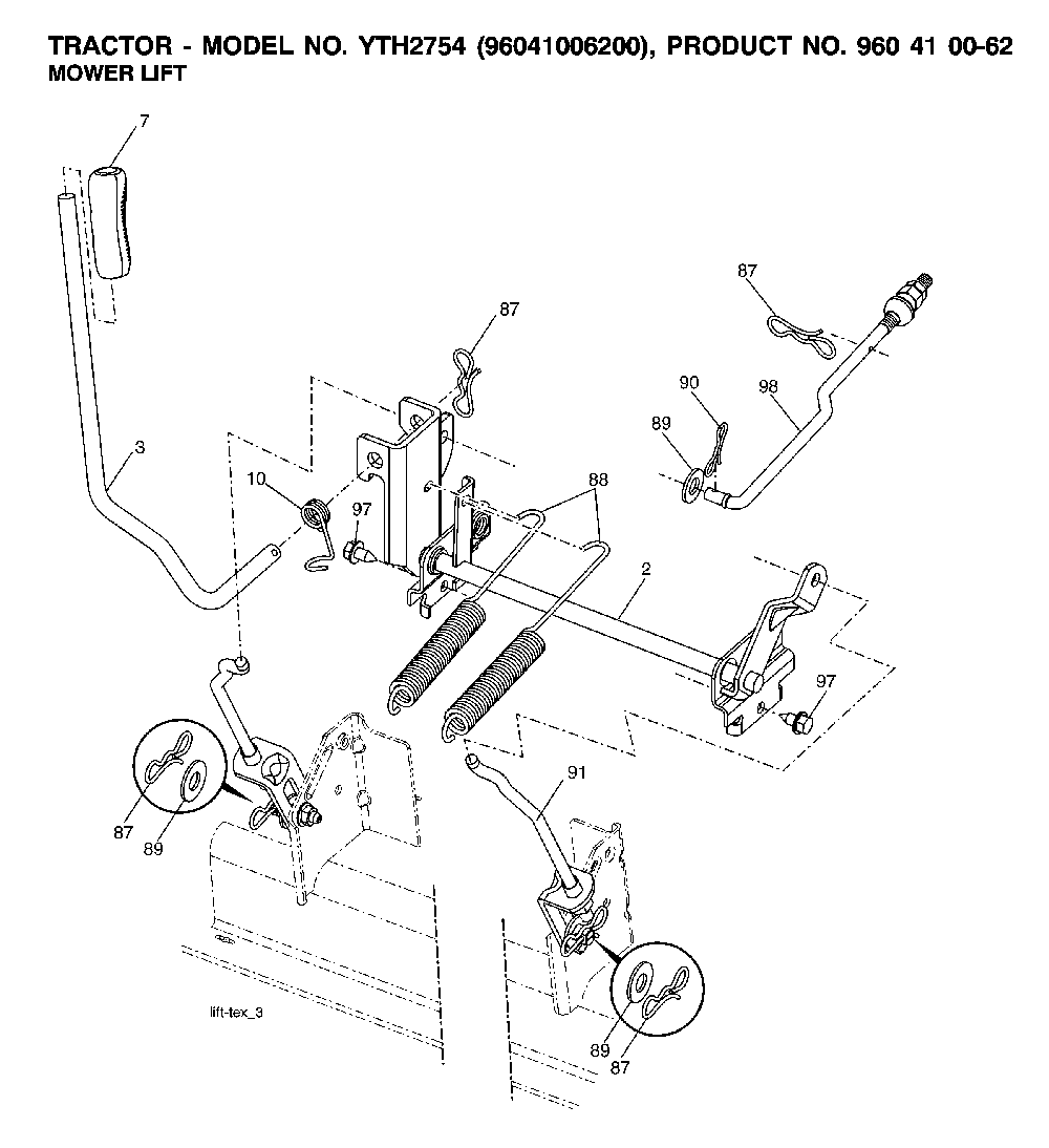 Mower Lift / Deck Lift Diagram and Parts List for YTH2754TWIN (96041006200, 960410062)(2007-04) Husqvarna Lawn Tractor