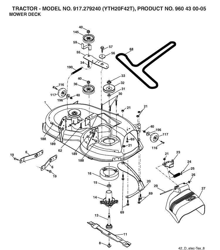 Mower Deck / Cutting Deck Diagram and Parts List for YTH20F42T (917279240)(2006-05) Husqvarna Lawn Tractor
