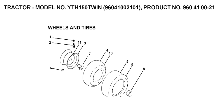 Wheels And Tires Diagram and Parts List for YTH150 (96041002101)(2008-01) Husqvarna Lawn Tractor