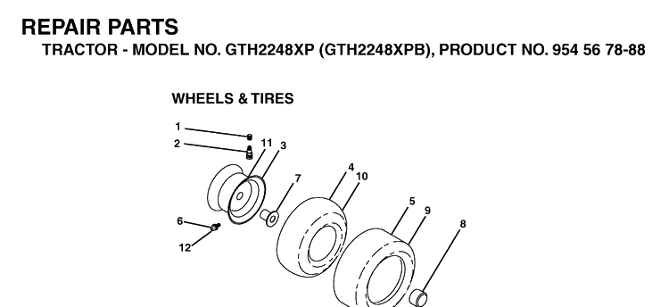 Wheels And Tires Diagram and Parts List for GTH2248XP-GTH2248XPB 2003-05 Husqvarna Lawn Tractor