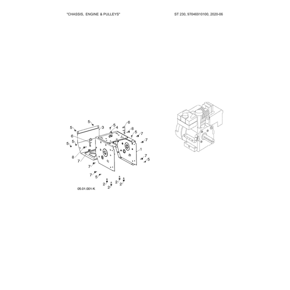 Chassis/Engine/Pulleys Diagram and Parts List for 970528802  Husqvarna Snow Blower